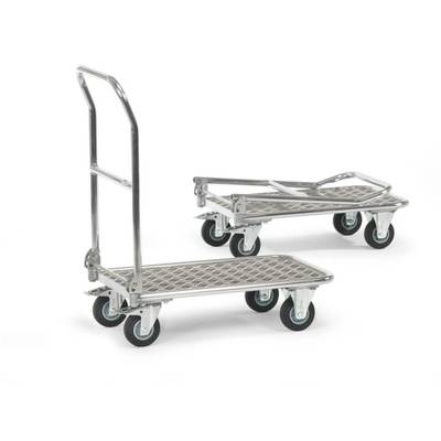 Twee platformwagens met metalen frame en vier wielen, één met opengeklapte handgreep, de andere met neergeklapte handgreep.