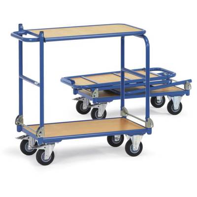 Twee blauwe transportwagens met houten platforms en vier wielen, één staat rechtop, de andere is ingeklapt.