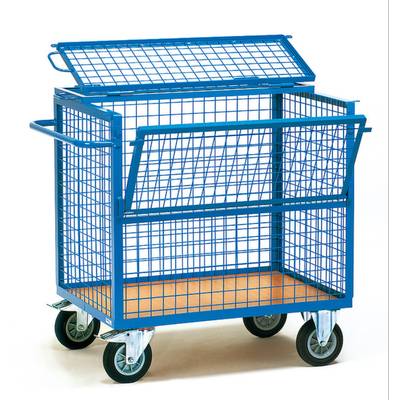 Blauwe gaaswagen met vier wielen, open frontrooster en een opklapbaar deksel, geschikt voor het vervoeren van goederen of materialen.