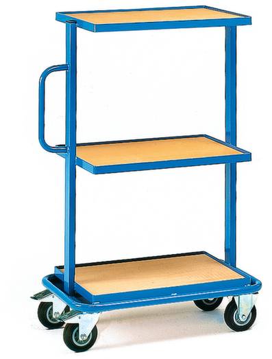 Een blauwe trolley met drie houten schappen en een handgreep aan de zijkant.