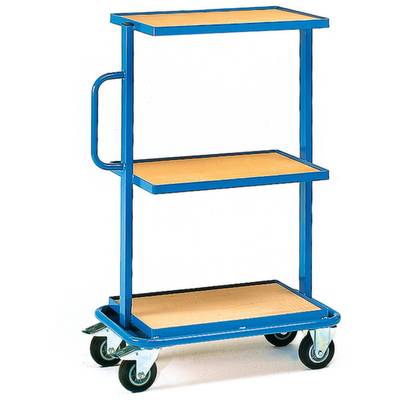 Een blauwe trolley met drie houten schappen en een handgreep aan de zijkant.
