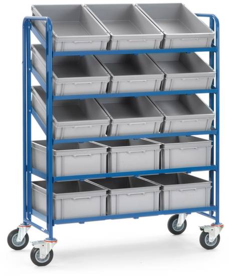 Rolwagen met blauwe frame en grijze opbergbakken op vijf schappen; bakken kunnen worden gekanteld; wagen heeft vier wielen.