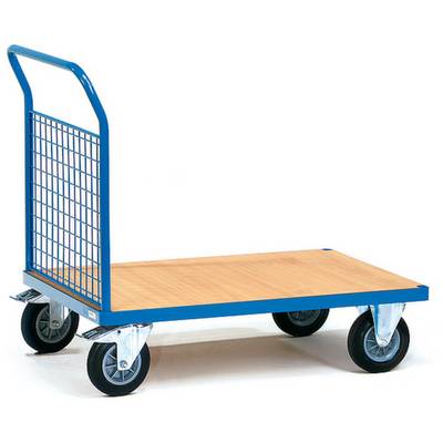 Transportwagen met houten bodem en vier metalen wielen, ideaal voor het verplaatsen van zware voorwerpen in magazijn- of werkplaatsomgevingen.