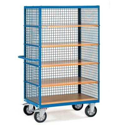 Een blauwe rolwagen met zes houten rekplanken en zijkanten van metaalgaas, gemonteerd op vier draaibare wielen. Ideaal voor opslag en transport.