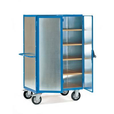 Metalen rolcontainer met vier wielen, geopend. Vijf schappen binnenin zichtbaar. Geschikt voor transport of opslag van voorwerpen.