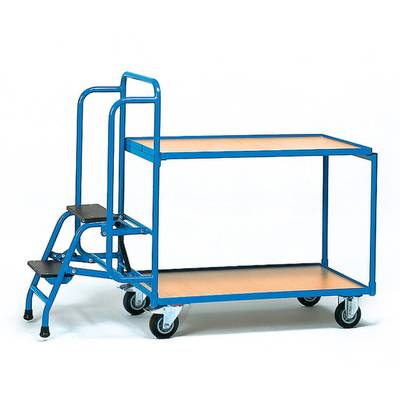 Een blauwe rolwagen met twee plateaus en een geïntegreerde opvouwbare ladder. Geschikt voor transport en toegang tot hoger gelegen schappen.