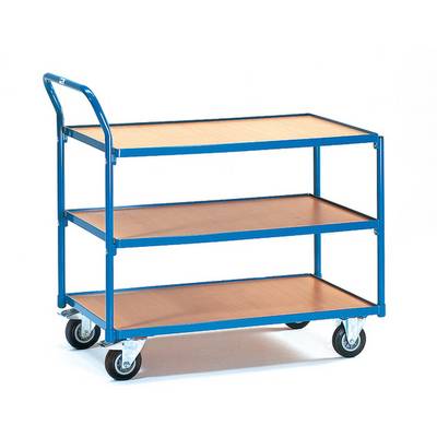 Een blauwe transportwagen met drie niveaus van hout en vier wielen. Ideaal voor het vervoeren van zware voorwerpen in magazijnen of kantoren.
