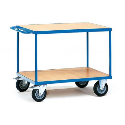 Transportwagen met twee houten platen en een blauw metalen frame. Vier wielen, waarvan twee zwenkbaar. Geschikt voor het vervoeren van lichte lasten.
