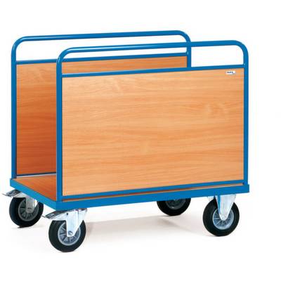 Wagen met een blauw metalen frame en houten zijwanden, uitgerust met vier wielen, voor het vervoeren van voorwerpen.