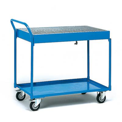 Een blauwe metalen handkar met vier wielen, een handvat en een groot, open laadoppervlak, geschikt voor het transporteren van goederen.