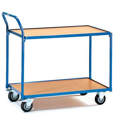 Een tweeverdiepingentransportwagen met een blauwe metalen constructie en houten vloeren, gemonteerd op vier draaibare wielen. Ideaal voor het vervoeren van voorwerpen.