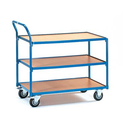 Een blauwe serveerwagen met drie houten planken en vier wielen. Hij is geschikt voor het vervoeren van voorwerpen of materialen.