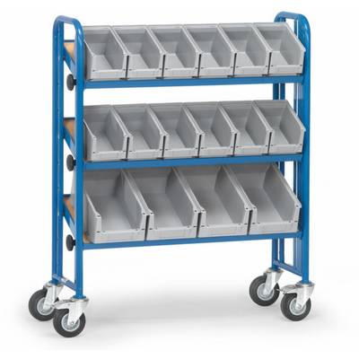 Een blauwe rolwagen met drie planken en twaalf grijze vakken voor de opslag of organisatie van voorwerpen op kantoor of in het magazijn.