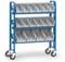 Een blauwe rolwagen met drie planken en twaalf grijze vakken voor de opslag of organisatie van voorwerpen op kantoor of in het magazijn.