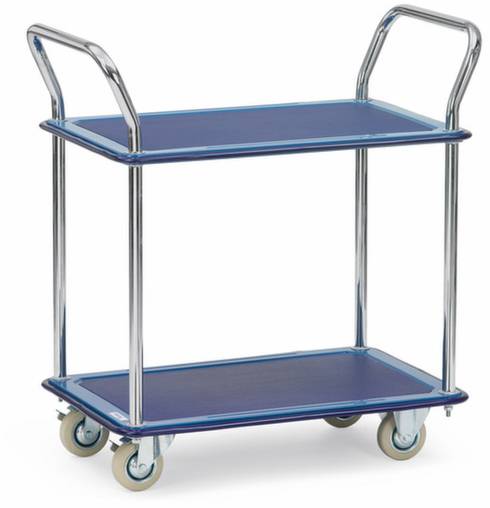 Metalen trolley met twee blauwe legplanken en vier wielen, geschikt voor het vervoeren van voorwerpen in een magazijnomgeving.