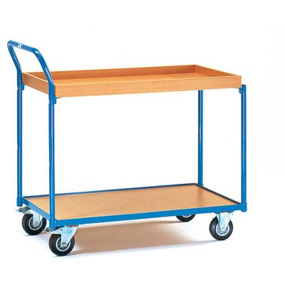 Een blauwe metalen wagen met twee niveaus en vier wielen, ideaal voor het vervoeren van voorwerpen in een magazijn of kantoor.