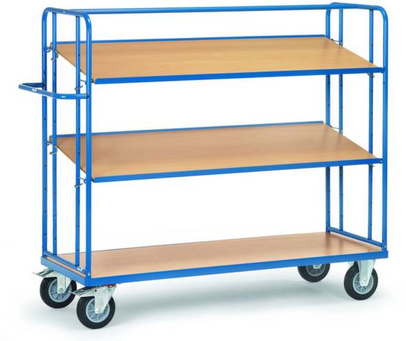 Transportwagen met vier houten schapplanken en een blauw metalen frame, verrijdbaar op vier wielen.