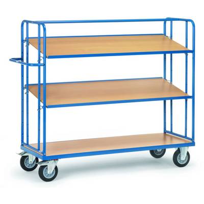 Transportwagen met vier houten schapplanken en een blauw metalen frame, verrijdbaar op vier wielen.
