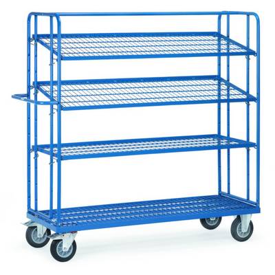 Een blauwe metalen wagen met vier roosterplanken op wielen, geschikt voor transport of opslag in magazijnen of winkels.
