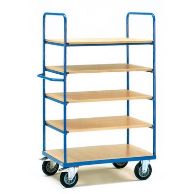 Meerlaagse transportwagen met vijf niveaus en blauwe frame. Uitgerust met vier wielen, geschikt voor goederentransport.