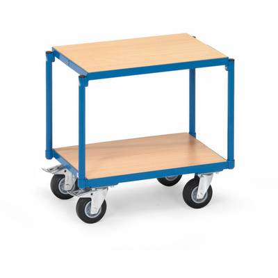 Een tweelaags blauwe rolwagen met houten schappen en vier wielen, geschikt voor transport of opslag van voorwerpen.