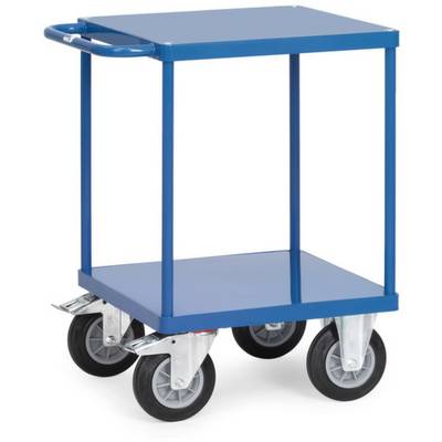 Blauwe transportwagen met vier wielen en een bovenste en onderste platform, voorzien van een handgreep om te duwen.