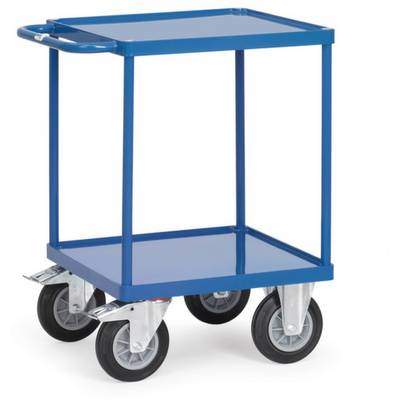 Een blauwe transportwagen met vier wielen en twee verdiepte niveaus, geschikt voor het vervoer van goederen in magazijnen of werkplaatsen.