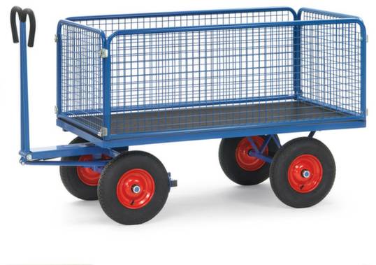 Een blauwe, rechthoekige transportwagen met gaashekken en rode wielen. Geschikt voor het vervoer van verschillende goederen.