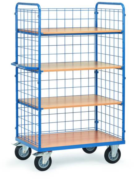 Een blauwe rolwagen met vier houten legplanken en gaaswanden, geschikt voor het transport van voorwerpen in magazijn of werkplaats.
