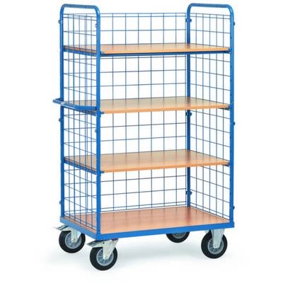 Een blauwe rolwagen met vier houten legplanken en gaaswanden, geschikt voor het transport van voorwerpen in magazijn of werkplaats.