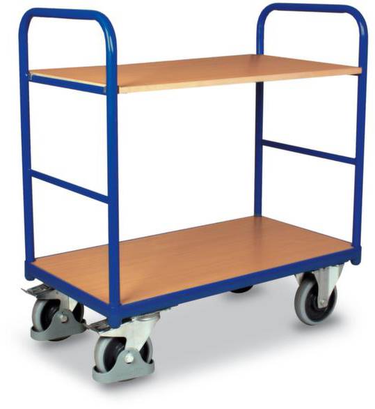 Een blauwe transportwagen met twee houten vloeren en vier wielen.