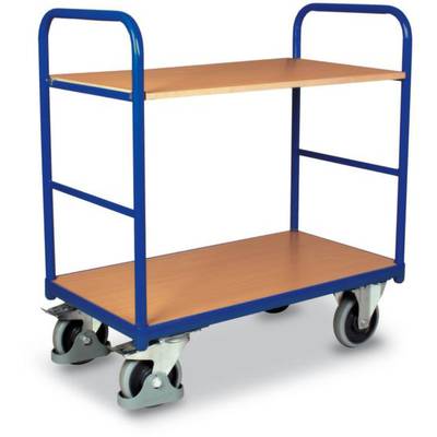 Een blauwe transportwagen met twee houten vloeren en vier wielen.