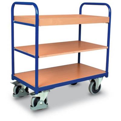 'Transportwagen met drie houten niveaus en een blauw metalen frame, uitgerust met vier zwenkwielen, voor het gemakkelijk verplaatsen van voorwerpen.'