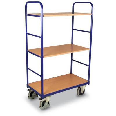 Een blauwe metalen transportwagen met drie houten schapenniveaus en vier zwenkwielen, geschikt voor gebruik in magazijn- of kantooromgevingen.