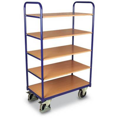 Een blauwe trolley met vijf houten planken en vier wielen.