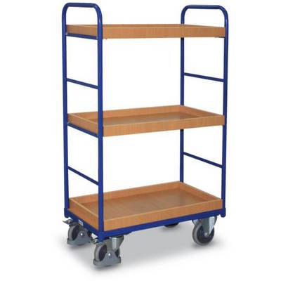 Een blauwe, drielaagse transportwagen met houten planken en vier wielen. Ideaal voor het verplaatsen van voorwerpen in magazijn of kantoor.