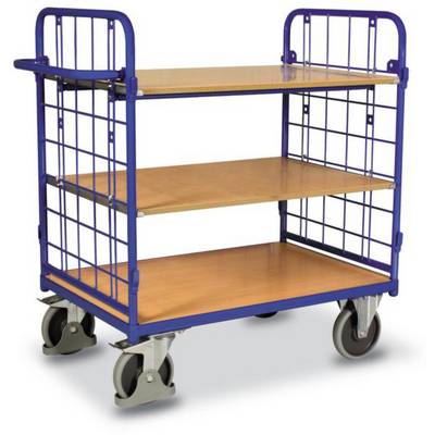Een blauwe transportkar met drie houten legplanken en vier stevige wielen, geschikt voor het vervoeren van lichte tot middelzware voorwerpen.