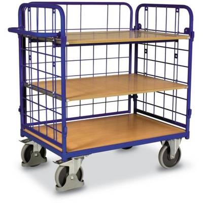 Een blauwe transportwagen met drie houten legplanken en draadgaaswanden, voorzien van vier wielen. Geschikt voor het vervoeren van voorwerpen.