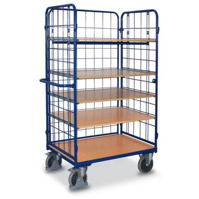 Transportwagen met vier niveaus van hout en metaal, uitgerust met vier zwenkwielen, geschikt voor gebruik in magazijnen of winkels.