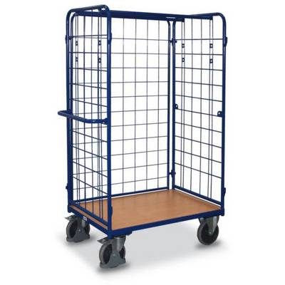 Trolley met metalen roosterstructuur, houten bodem en vier wielen. Geschikt voor transport en opslag van goederen.