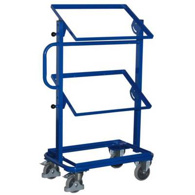 Een blauwe, verrijdbare transportwagen met twee hellende frames en vier wielen, geschikt voor eenvoudig transport van voorwerpen.