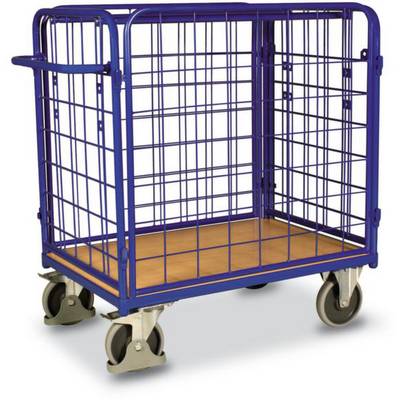 Blauwe gaaswagen met vier stevige wielen en houten platform, geschikt voor het vervoeren van zware of grote voorwerpen in magazijnen.