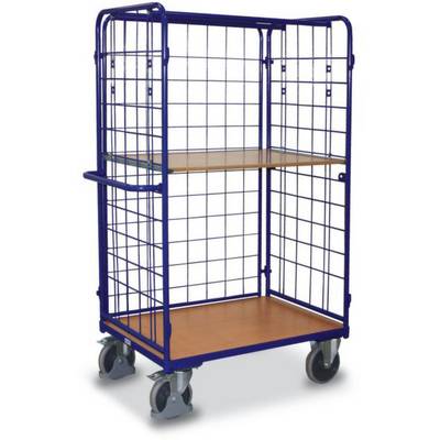 Een grote, blauwe transportwagen met traliemuren en twee houten legplanken, gemonteerd op wielen. Ideaal voor het vervoeren van goederen.