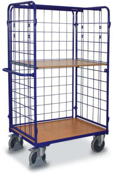 Rolcontainer met blauwe rasterstructuur, twee houten legplanken en vier wielen. Geschikt voor het vervoeren van goederen in magazijnen.