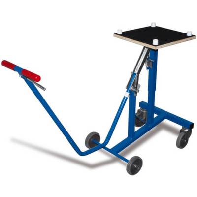 Een blauwe meuellift met vier wielen en een rode handgreep, geschikt voor het tillen en vervoeren van zware voorwerpen.