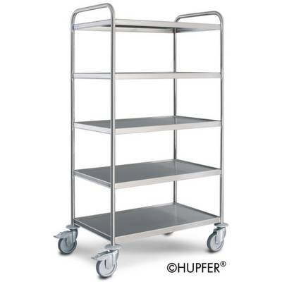 Metalen serveerwagen met vijf schappen en vier wielen. Geschikt voor horeca of ziekenhuizen voor opslag of transport.