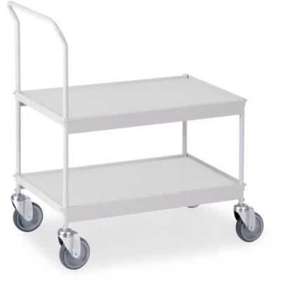 Een witte trolley met twee plateaus en vier draaibare wielen. Ideaal voor het vervoeren van voorwerpen binnenshuis.
