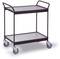 Een twelaags zwart-witte serveerwagen met vier wielen, geschikt voor het vervoeren van voorwerpen in kantoren of woonruimtes.