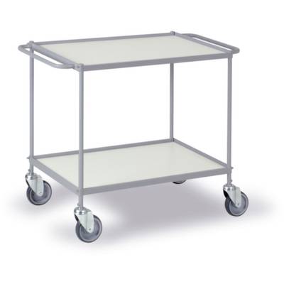Metalen wagen met twee verdiepingen en vier wielen, geschikt voor transport in kantoor- of opslagruimtes.