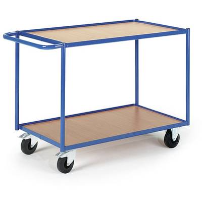 Blauwe transportwagen met twee houten platforms en vier zwarte wielen, geschikt voor het vervoer van goederen in magazijnen of werkplaatsen.